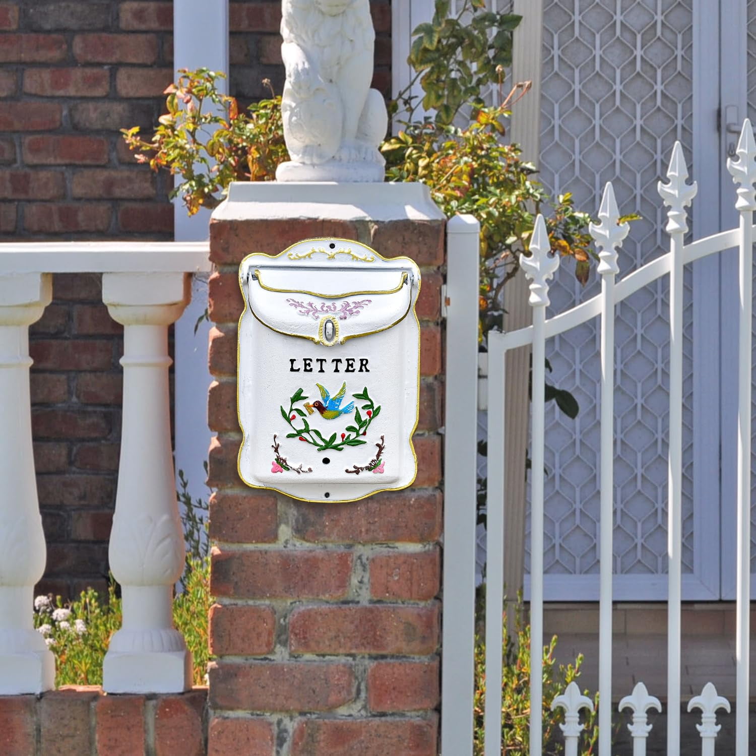 Sungmor Cast Iron Wall Mount Mailbox, Country Style Post Box for Outside, Vintage White Locking Mailbox, Decorative Heavy Duty
