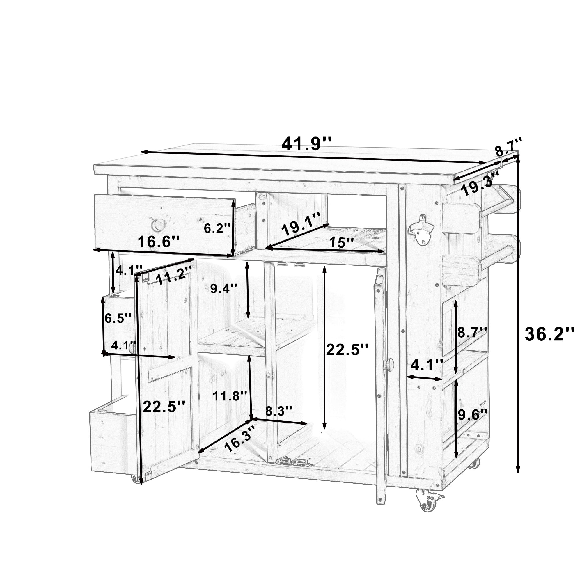 Leumius Extendable Solid Wood Kitchen Island Cart with Stainless Steel Top,Side Spice Rack,Drawers & Storage Cabinet for Indoor/Outdoor BBQ & Party,Brown