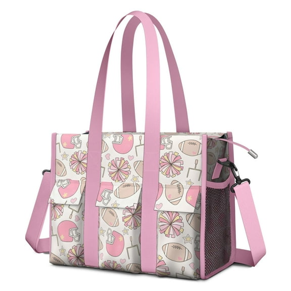 Teacher Tote Bag,Pink Football Teacher Utility Tote Bag,Large Work Tote Bags for Women with Multiple Pockets,Top Zipper Closure,13.8x10.6x6.7 Inch
