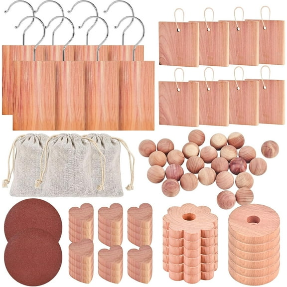 80-Pc Cedar Blocks for Clothes Storage: Blocks, Planks, Hooks, Rings, Balls, & Sachets for Closet, Drawer, Bookshelf & Shoe Protection - Natural Cedar Scent (Pack of 80)