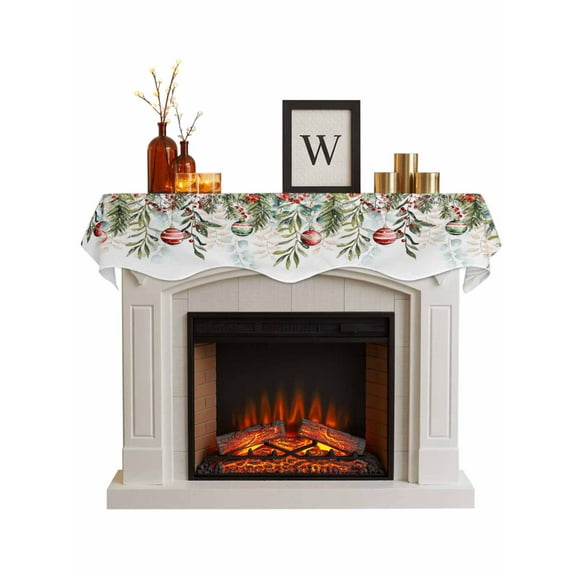 Christmas Snowflakes Fireplace Mantle Scarf, Winter Poinsettia Xmas Balls Floral Leaf Mantel Cover Table Runner for Home Living Room Door Window, Indoor Outdoor Holiday Party Decor 17" x 70"