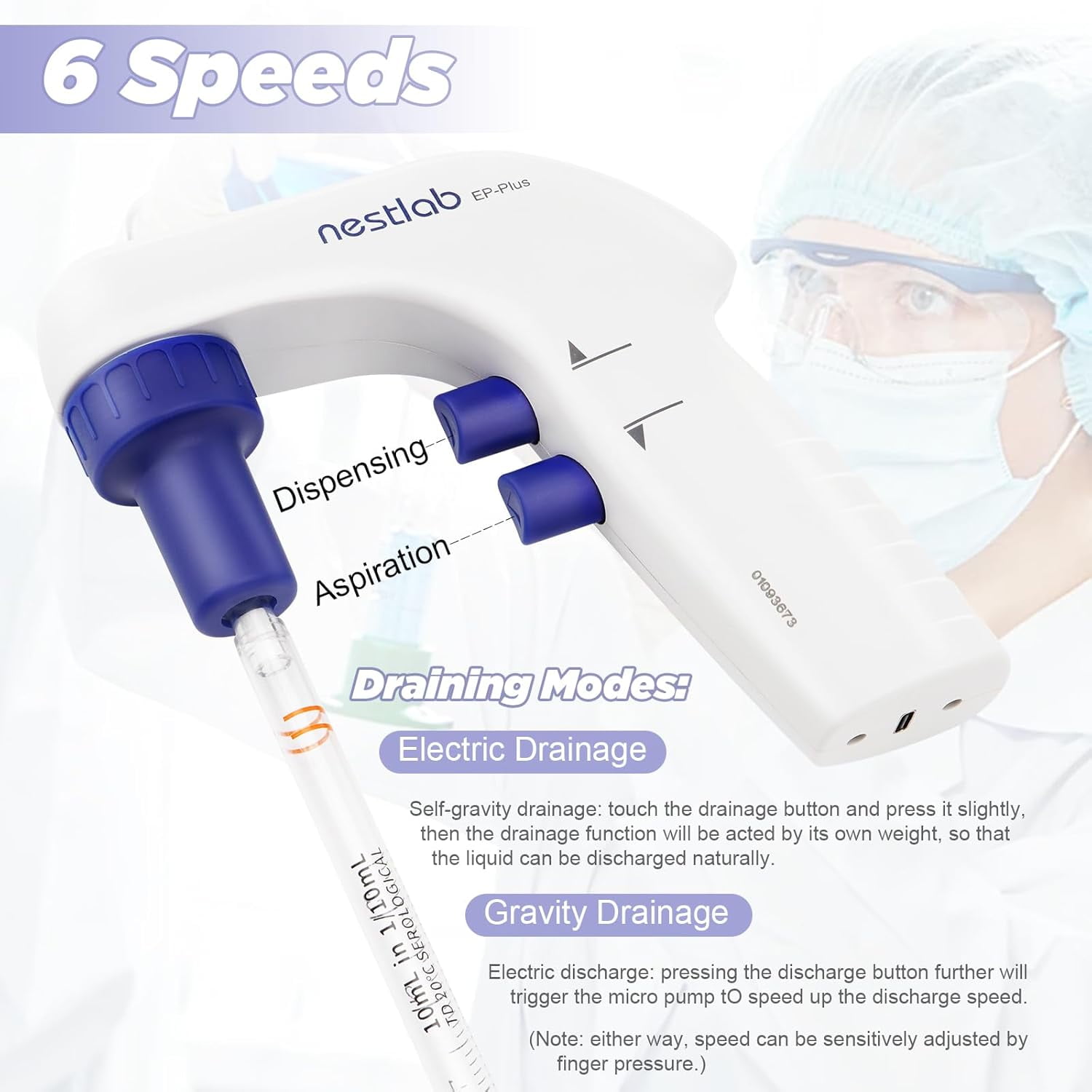 FOUR E's Scientific Lab Electric Pipette Controller 0.1-100ml, Electronic Pipettor for Lab, LCD Screen, 6 Adjustable Speed, Dual Modes of Gravity Drainage and Power Drainage
