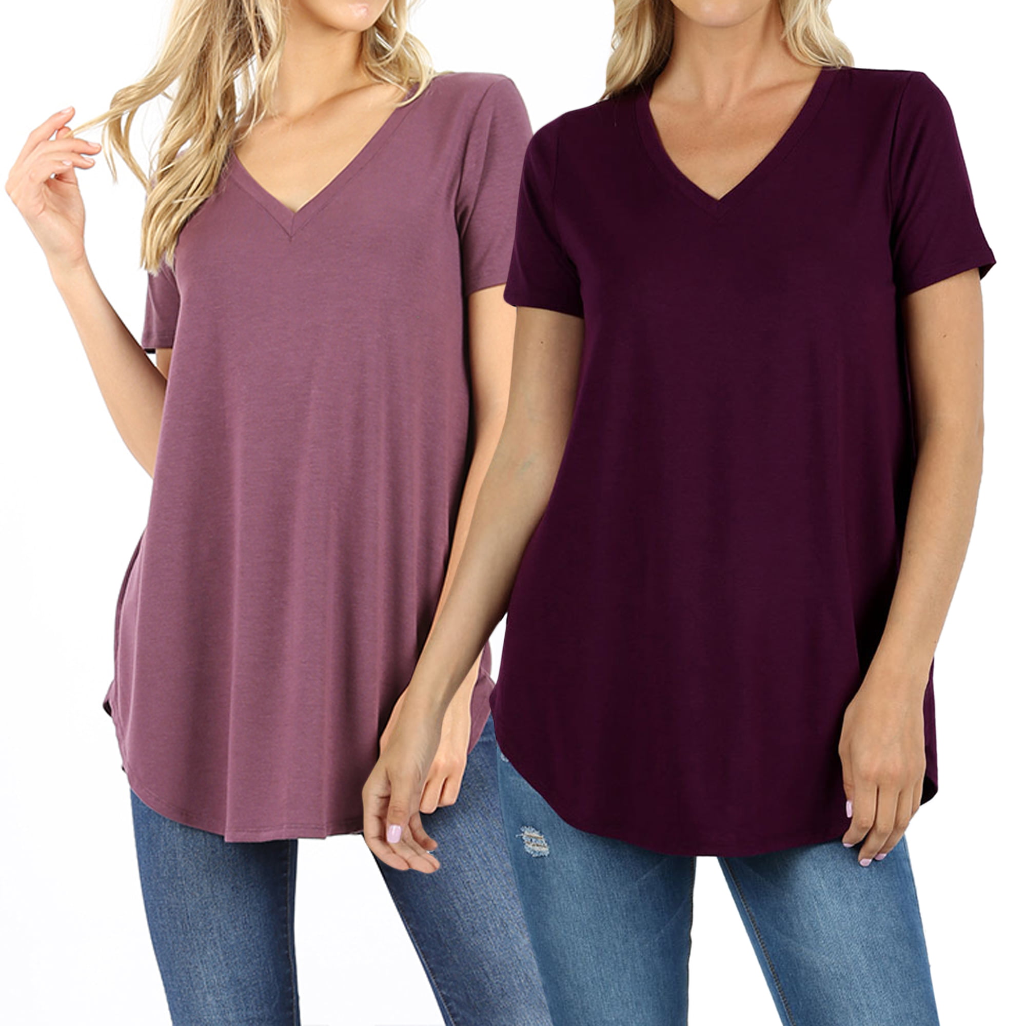 Women Short Sleeve V Neck Round Hem Relaxed Fit Casual Tee Shirt Top ...
