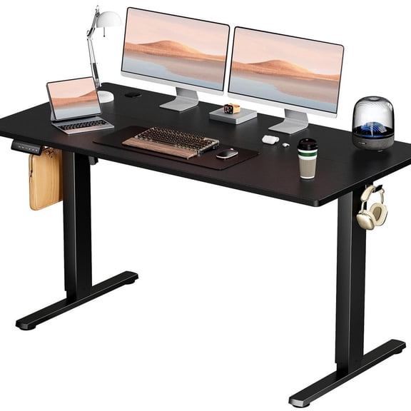 TOPCOMFY Ergonomic Adjustable Desk with T-Shaped Metal Frame, Wooden Desktop for Home Office, 55'' x 24", Black
