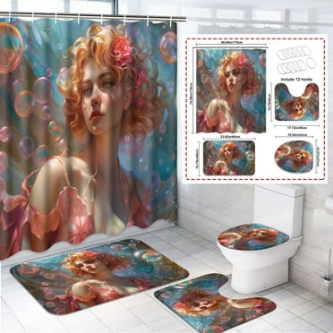 Futtumy 4 Pcs Bathroom Shower Curtain Sets, Polyester Shower Curtain Sets with Bath Rugs, Blonde Hair Pretty Girl Colorful Pattern Bathroom Sets with Shower Curtain and Rug Set