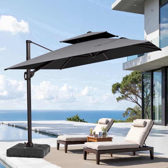 Crestlive Products 9x11FT Large Patio Cantilever Umbrella with Wheel Base, Double-Top Aluminum 360°Rotation Adjustable Offset Hanging Outdoor Umbrella, Dark Gray