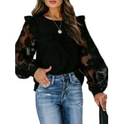 Diconna Women Mesh Patchwork Long Sleeve Blouse Black Lace Transparent Flower Bubble Sleeve Pullover Tops