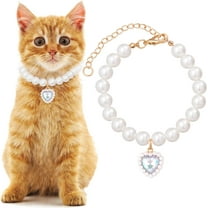 Cat Pearl Collar with Heart Pendant, Cute Pearl Pet Necklace in Medium, Adjustable Wedding Party Small Dog Jewelry Accessories for Puppy Kitten- White