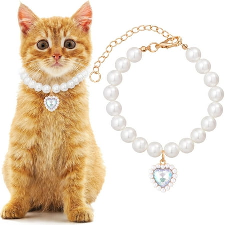 Cat Pearl Collar with Heart Pendant  Cute Pearl Pet Necklace in Medium  Adjustable Wedding Party Small Dog Jewelry Accessories for Puppy Kitten- White