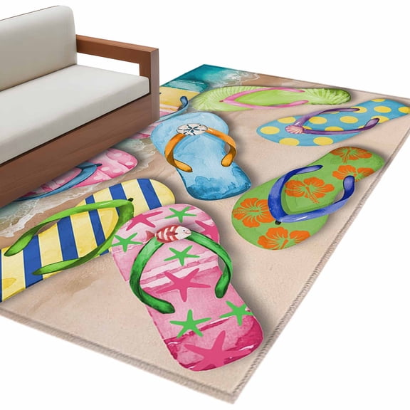 Colorful Flip Flops Large Area Rugs for Bedroom Living Room, Soft Non Slip Carpet Bedside Rug, Summer Blue Beach Ocean Rectangular Floor Cover Kitchen Accent Rug 3'x5' for Dining Room/Office