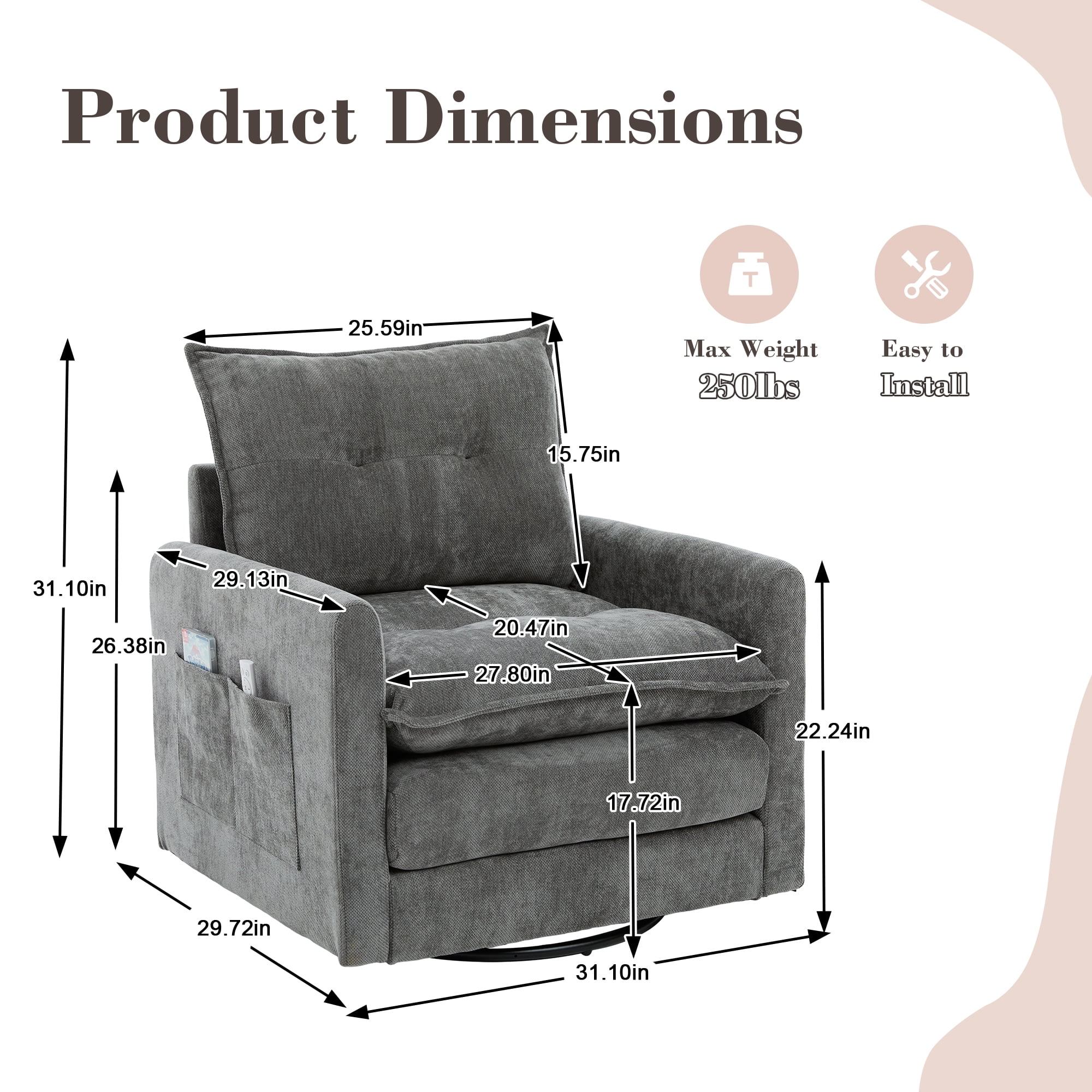 Leumius Swivel Accent Chair,Mid Century Modern Chenille Armchair with Thick Padded and Metal Base,Swivel Single Sofa Chair Barrel Reading Chair for Living Room Bedroom,Gray