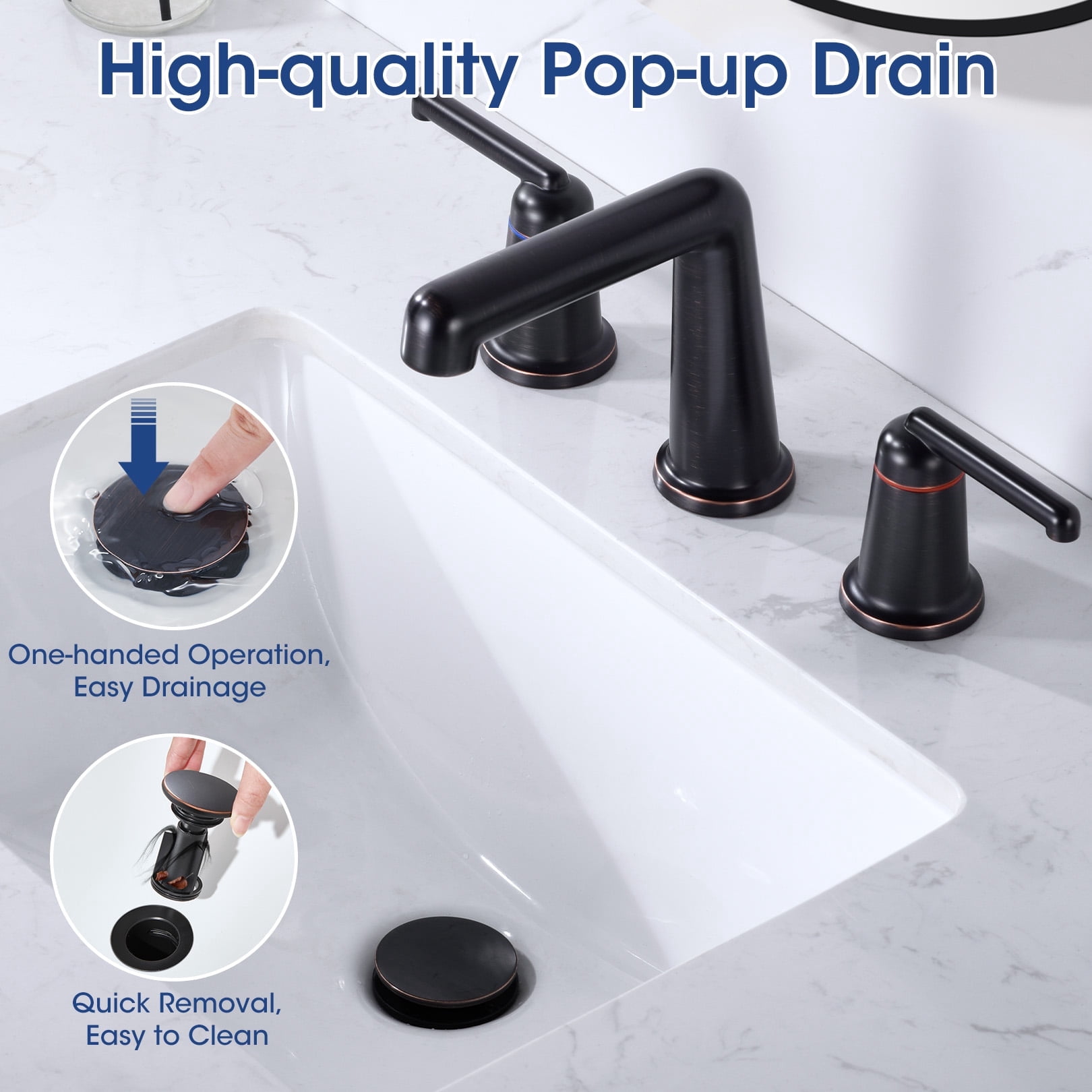 Wowkk 3 Hole Bathroom Faucet 2 Handle Widespread Bathroom Sink Faucet with Pop up Drain and Supply Lines, Brass Vanity Faucet for Rv Farmhouse Lavatory Restroom Sink, Oil Rubbed Bronze