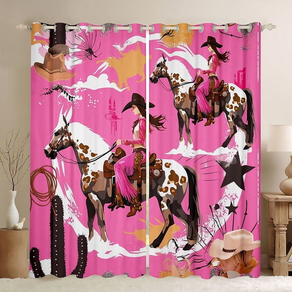Homewish Female Girls Western Cowgirl Black Out Curtains,Farmhouse Horse Curtains Pack of 2 (42x63 Each),Southwestern Old Fashion Bedroom Curtains,Microfiber Bedroom Decor