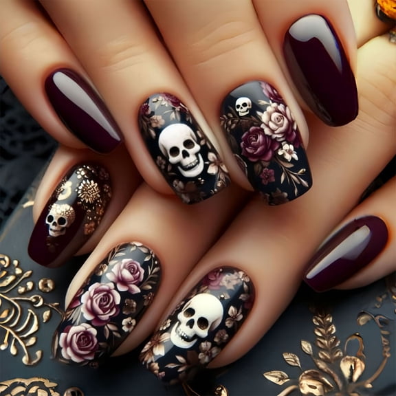 Zeiwohndc Halloween Press On Nail Medium Coffin Floral Ghostly Pattern Quick Apply