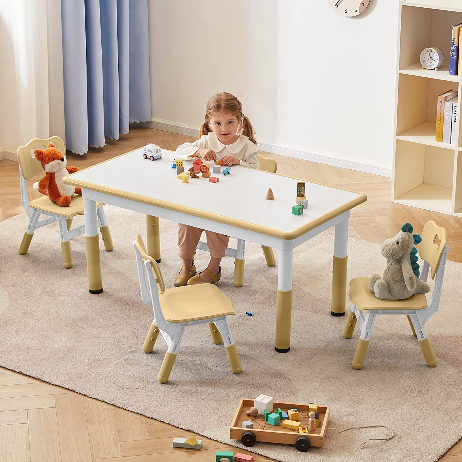 AINUO Toddler Table and Chairs Set for 4, 47.2"L x 23.6"W Height Adjustable Kids Activity Table with Graffiti Desktop, Study Play Table for Home Daycare Classroom