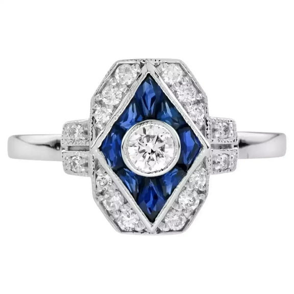 Art Deco Style Diamond & Sapphire Engagement Wedding Ring, Antique Bezel Set Diamond Ring, 14K White Gold Plated, 2.1 Ct Simulated Diamond, Solitaire With Accents Navette Diamond Ring