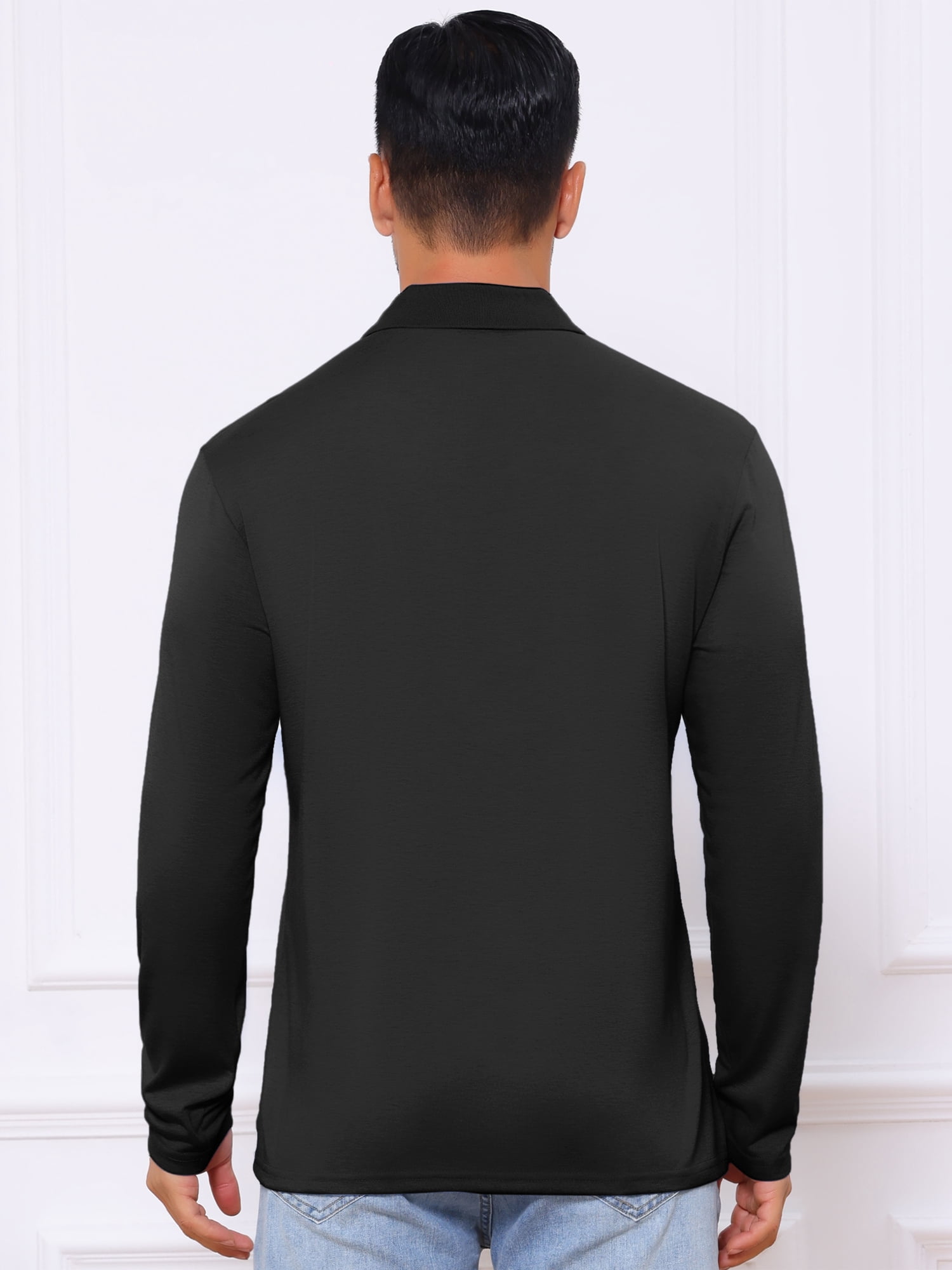 DARING DIVA Men's Contrast Button Collared Long Sleeves Golf Polo T-Shirts 2XL Black