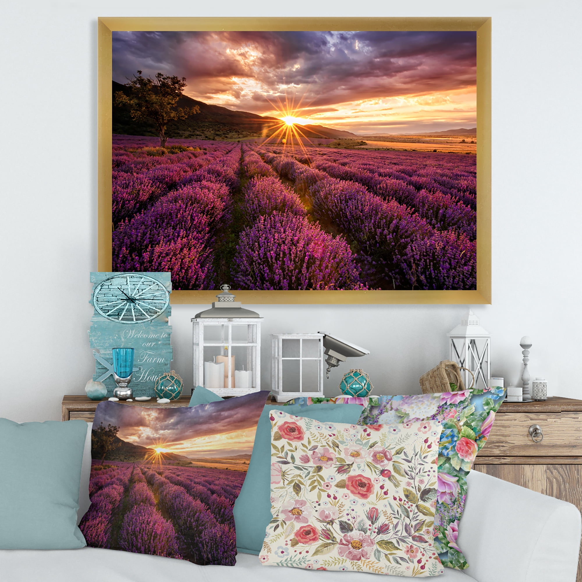 Designart 'Dramatic Clouds and Sunrise Over Lavender Field IV' Farmhouse Framed Art Print