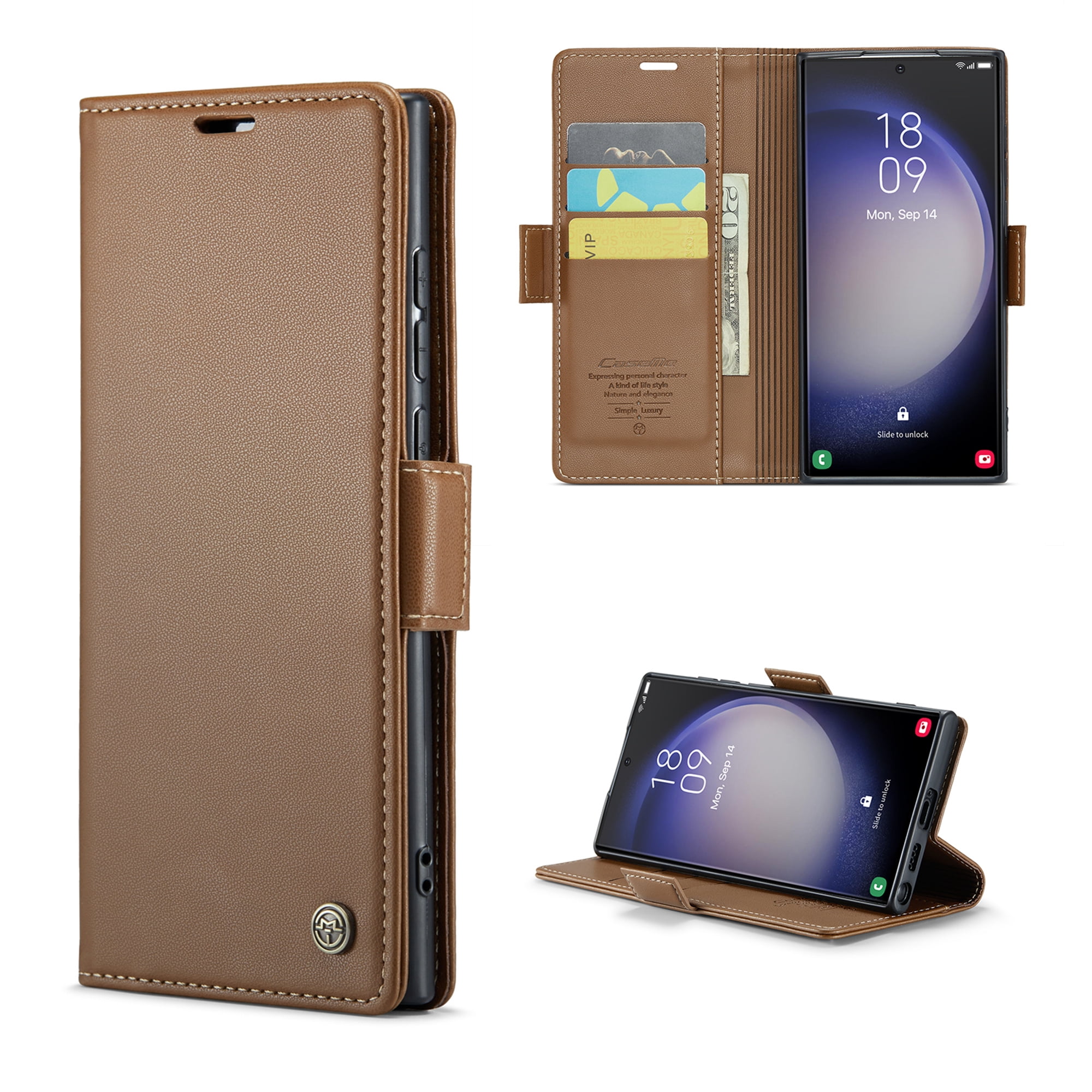 ELEHOLD Wallet Case For Samsung Galaxy S10+,Premium Leather Case wih RFID Blocking Function Card Slots Kickstand Magnetic Clasp Shockproof Cover for Men Women,Brown