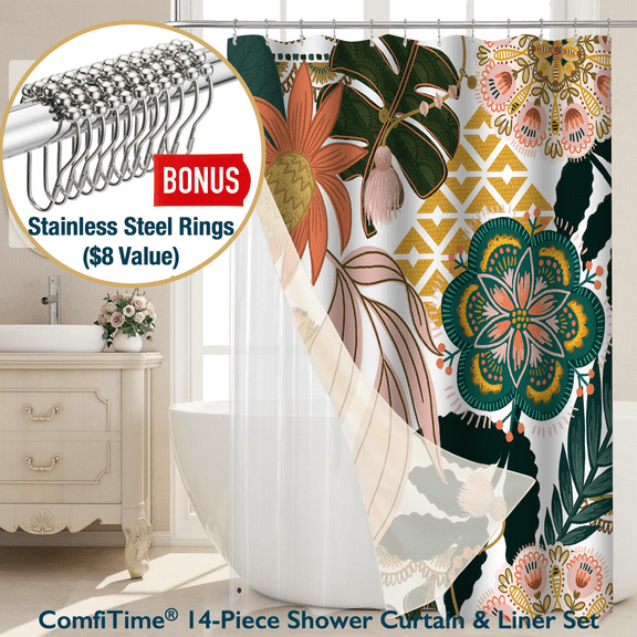 ComfiTime 14-Piece Boho Botanical Shower Curtain and Liner Set with 12 Hooks – Water-Repellent, Mold-Resistant, Heavy-Duty Fabric, Weighted Hem, Fade-Resistant, Machine-Washable, 72"x72"
