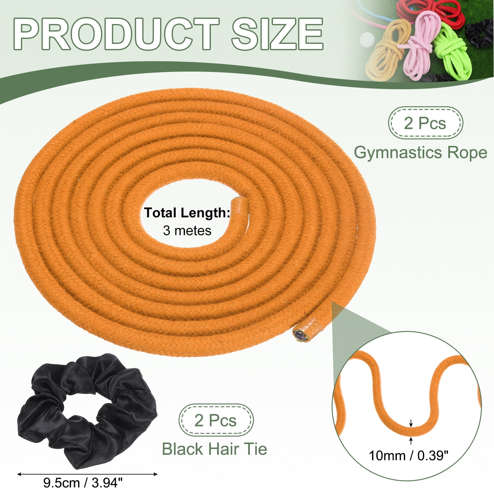Gymnastics Rope, Exercise Fitness Aerobic Gymnastic Skipping, Rhythmic Gymnastics Arts Rope with Hair Tie 3 Meters& 2Pcs & Yellow - Fit for (Fitness/Outdoor Activities/Yoga)