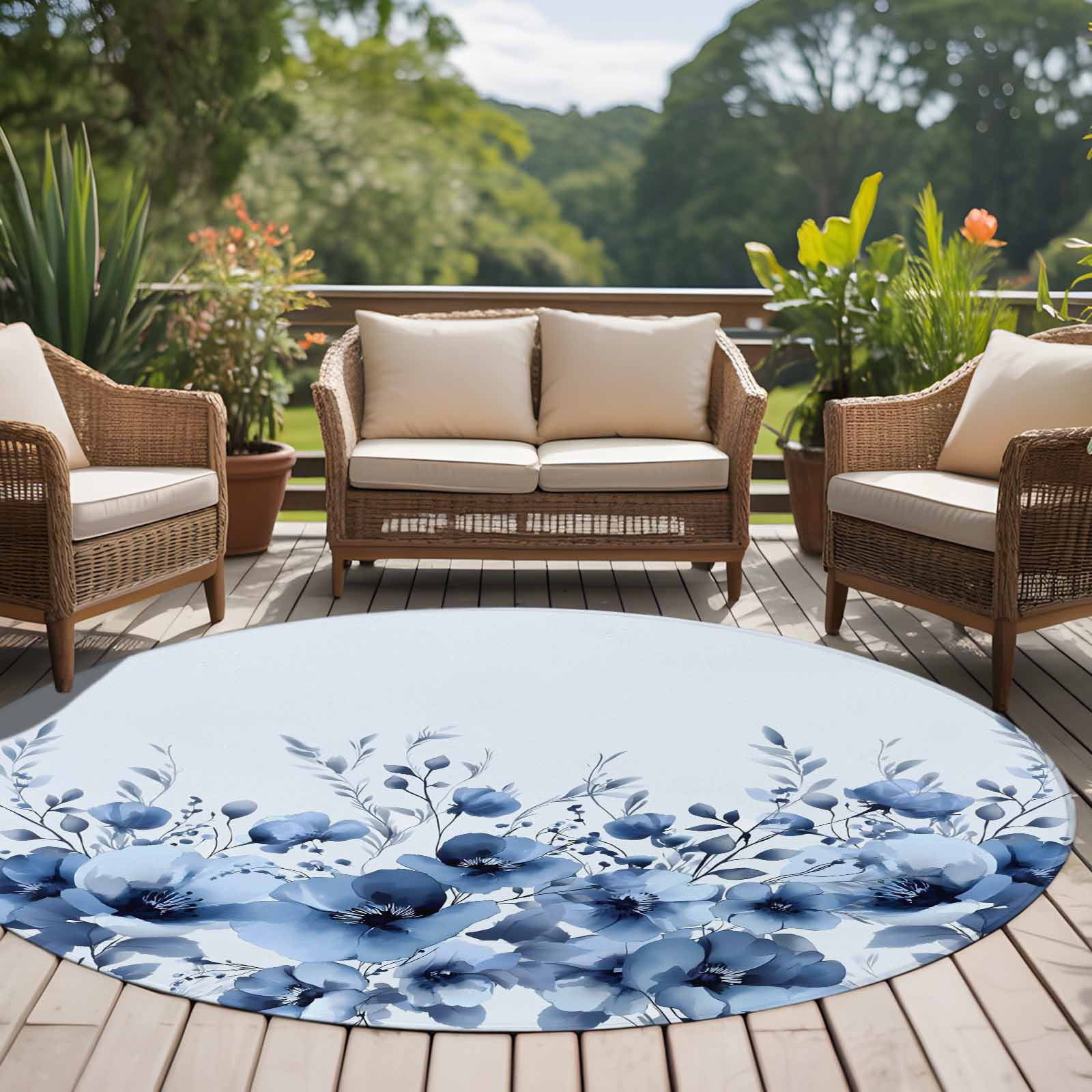 Round Rug 6Ft Washable Non-Slip, Blue Blooms Floral Circle Area Rugs for Living Room Bedroom, Spring Flowers Botanical Blue Ombre Indoor Floor Mats Carpet Runner for Home Decor Aesthetic