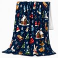thumbnail image 2 of Whimsical Winter Lodge Reindeer Cottage Navy Blue, Festive Holiday Scene, Warm Flannel Blanket for Living Room and Reading Nook, Art Lovers Christmas Gift, Festive Home Decor, 2 of 9