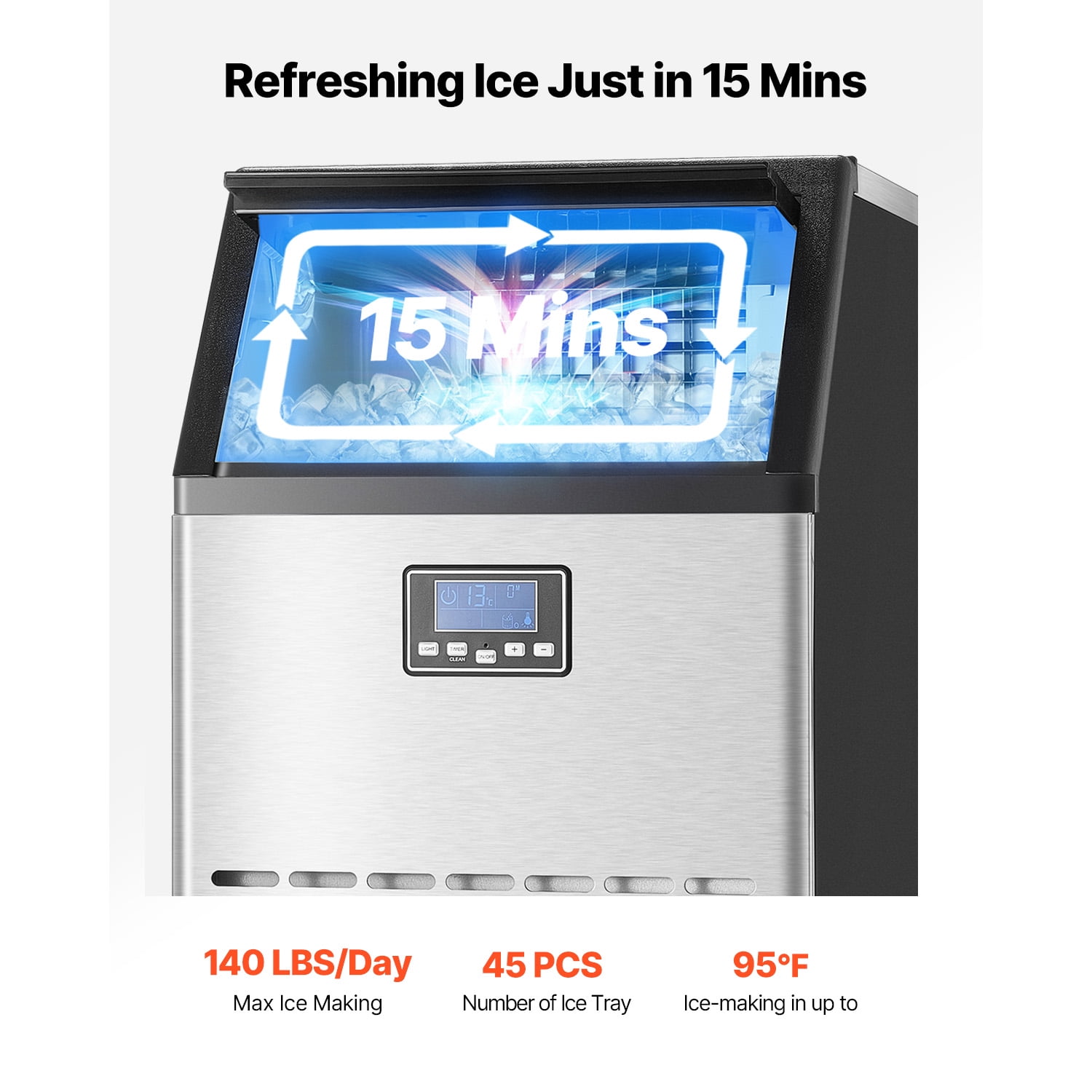 KFFKFF 140lbs/24H Commercial Ice Maker Machine Stainless Steel 45Cubes with 33lbs Storage Bins Under Counter ice Machine 18.31 in W, 35in H with Auto Clean