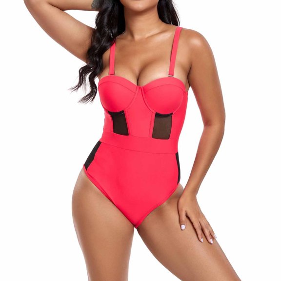 Jacenvly 2024 One Piece Bathing Suits for Women Clearance Casual Sleeveless Contrast Color Boat Neck Surfing Swimwear Skin-Friendly Women'S Printed Swimsuit Tight Fitting and Gathering Swimsuit Red