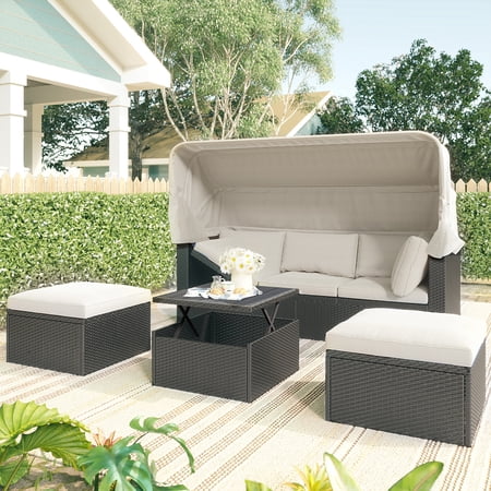 uhomepro Patio Furniture Outdoor Lawn Backyard Poolside Garden Rectangle Daybed with Retractable Canopy and Lifting Table for Backyard Porch Pool, Patio Sectional Sofa Set with Adjustable Back, Beige