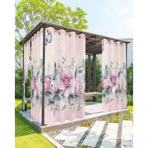 nqOlkjepod Outdoor Curtains for Patio Waterproof, Pink Roses Floral Outdoor Privacy Panels Grommet, Vintage Romance Botanical Flowers Blackout Outside Curtains for Porch/Cabana 54"x95", 2 Panels