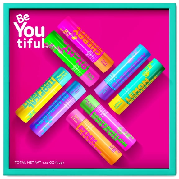 BeYoutiful Natural Lip Balm Set for Teens & Tweens, 8 Fruity Flavors with Shea Butter & Vitamin E, Hydrating Lip Care Gift Box