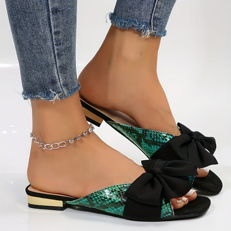 

Women s Summer Sandals: Comfortable Low Heel Snakeskin Print with Bowknot Square Toe Design for Every Occasion