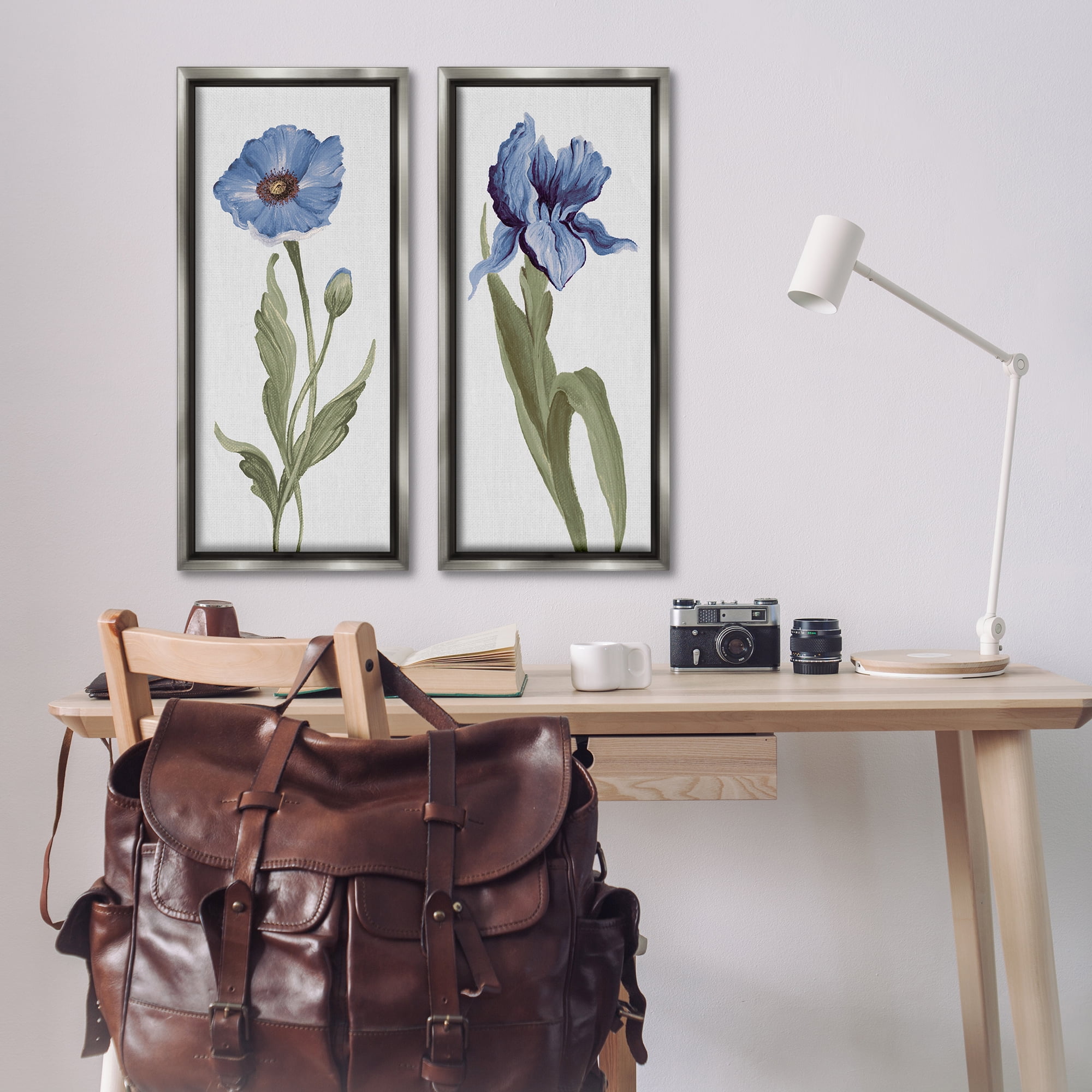 Stupell Industries Blue Poppy and Iris Flowers Plants & Flowers Painting Gray Floater Framed Canvas Art Print Wall Art, 14 x 31, Set of 2