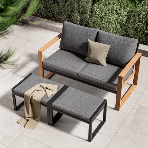 GRANDPATIO Modern Outdoor Sofa Set with Loveseat and Two Ottomans, Wood Grain Finish, Full Aluminum Frame