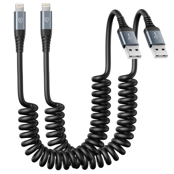 Cable Lightning en espiral KIYODA de 1 m para coche, paquete de 2 unidades, color negro