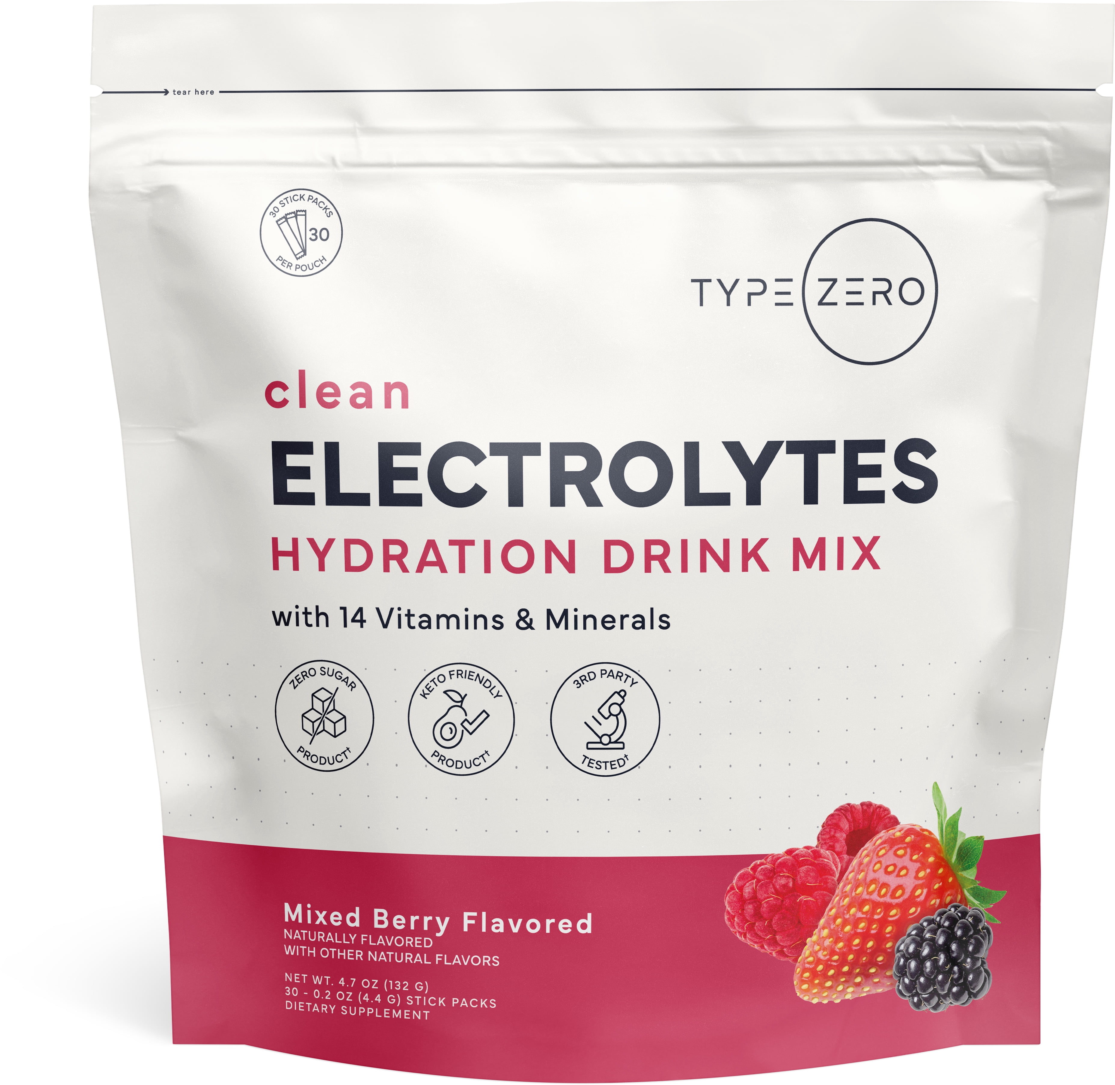 TypeZero Electrolyte Stick Packs (Mixed Berry) 30 Stick Packs - Hydration Drink Mix with 14 Vitamins & Minerals, Zero Sugar, Keto-Friendly, GMO-Free, Gluten-Free