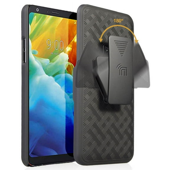 Case with Clip for LG Stylo 5, Nakedcellphone [Black Tread] Kickstand Cover with [Rotating/Ratchet] Belt Hip Holster Combo for LG Stylo 5, Stylus-5