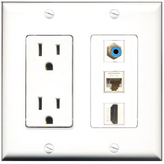 RiteAV - 15 Amp Power Outlet 1 Port HDMI 1 Port RCA Blue 1 Port Cat6 Ethernet Ethernet White Decorative Wall Plate