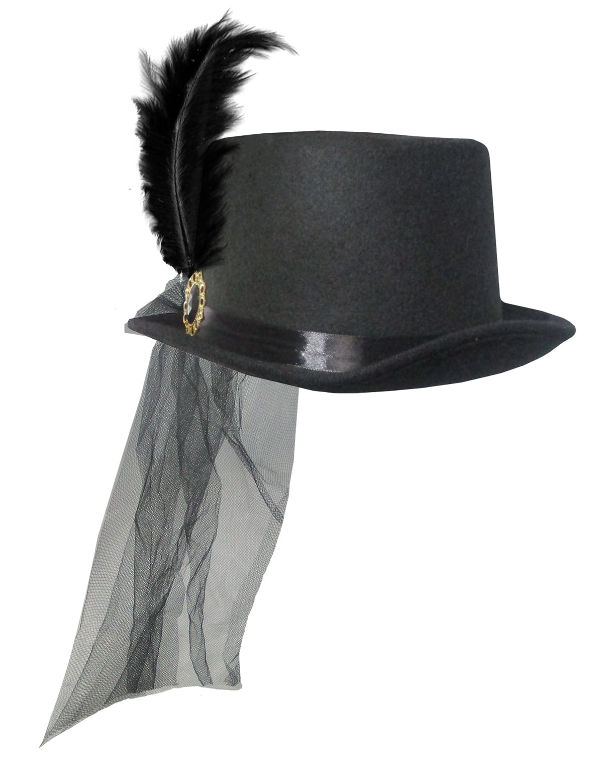 Deluxe Womens Black Felt Top Hat with Plume & Veil Halloween Costume