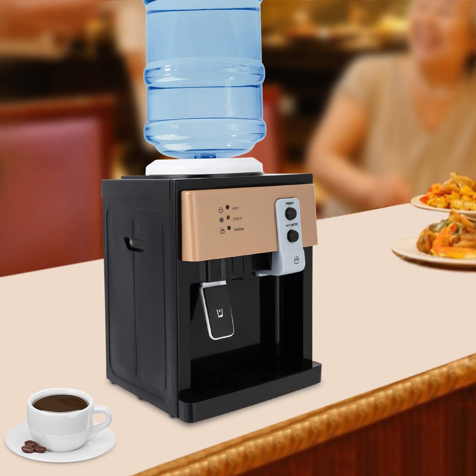 Peakora Countertop Hot and Cold Water Cooler Champagne Gold&Black Desktop Top Loading Water Dispenser with three different water temperatures (hot/cold/warm) for Both Home and Commercial Places 110V
