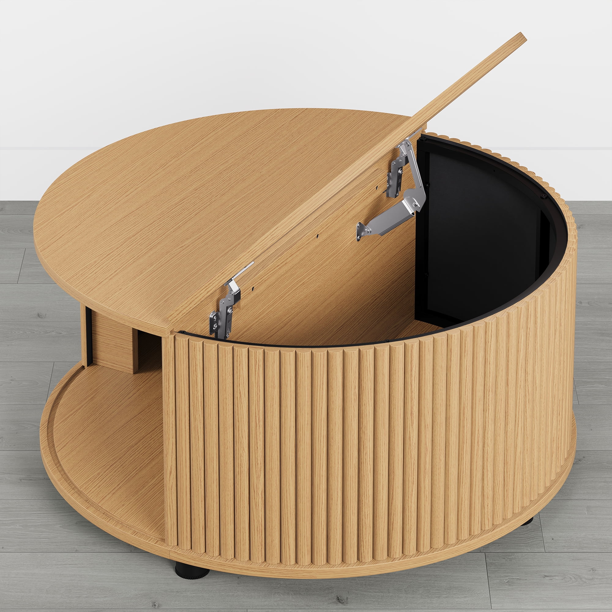 Spruce & Spring 31.5" Round Lift-Top Coffee Table with Storage, Fluted Drum Table with Sliding Door & Curved Pet Opening, Mid-Century Modern Wood Coffee Table for Living Room and Small Spaces, Oak