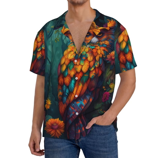 Balery Colorful Owl Forest Camisa Casual de Manga Corta con Botones para Hombre, Texturizada, Estilo Cubano, para Playa, Verano-XX-Large