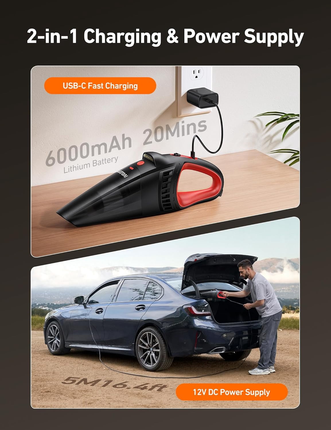 AstroAI Red Handheld Cordless Car Vacuum: 12V DC Power, LED Light & Accessories (Brush, Extended Pipe, Hose) – Portable for Car, Home, Office & Pet Hair