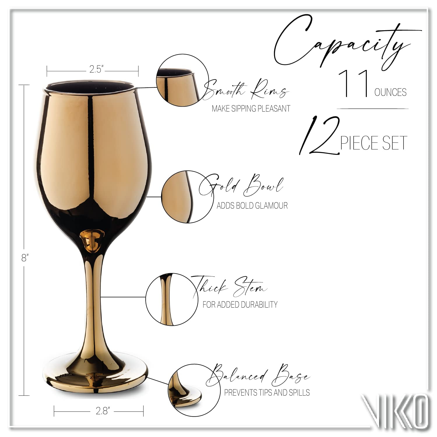 Vikko Dcor Gold Wine Glasses: 11 Oz Fancy Wine Glasses With Stem For Red  And White Wine- Thick And Durable Wine Glass- Dishwasher Safe - Great For  Wine Tasting- Set Of 12