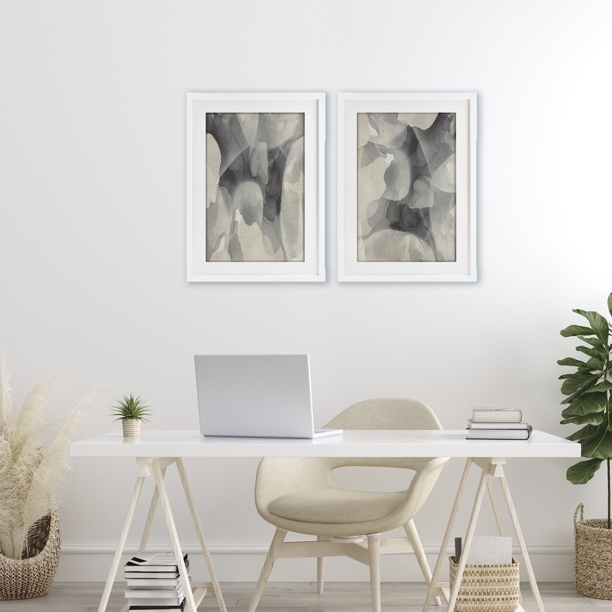 Stupell Industries Mottled Fluid Monochrome 2 Piece White Framed Print Under Glass Set, design by Kippi Leonard