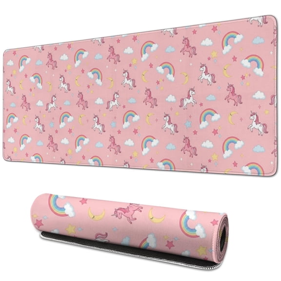 Long Mouse Pads for Desk,Pink Cartoon Unicorn Rainbow Cloud Moon Star Desk Mats on Top Of Desks, Desk Mouse Pad Extra Large with 3mm Non-Slip Base and Stitched Edge for Gaming,Work,Home 31.5"x11.8"