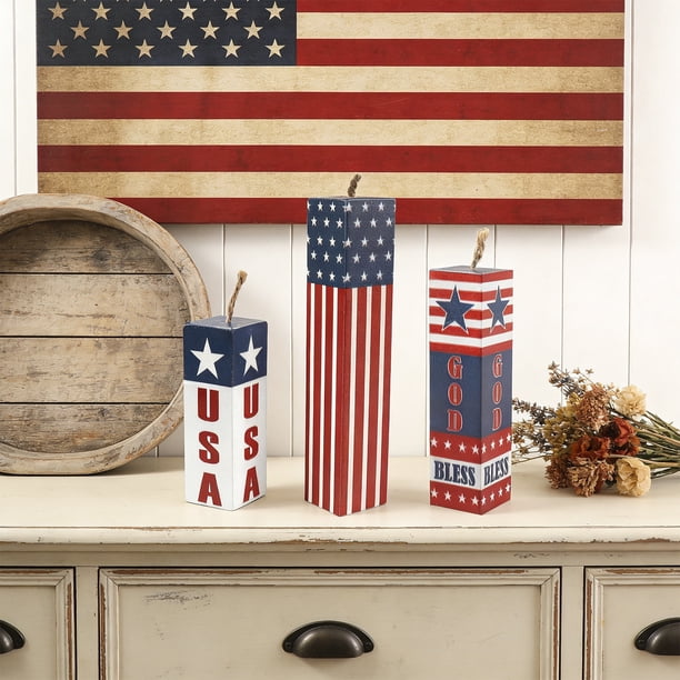 3 Pieces 4th of July Block Centerpieces for Table Decorations, Rustic Patriotic Tiered Tray American Stars and Stripes Table Centerpieces for Memorial Day Party Supplies