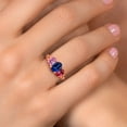 thumbnail image 4 of Gem Stone King 18K Rose Gold Plated Silver Blue Created Sapphire and Pink Moissanite Filigree Style 3 Stone Ring for Women (2.52 Cttw, Oval 8X6MM and 6X4MM, Available in Size 5, 6, 7, 8, 9), 4 of 6