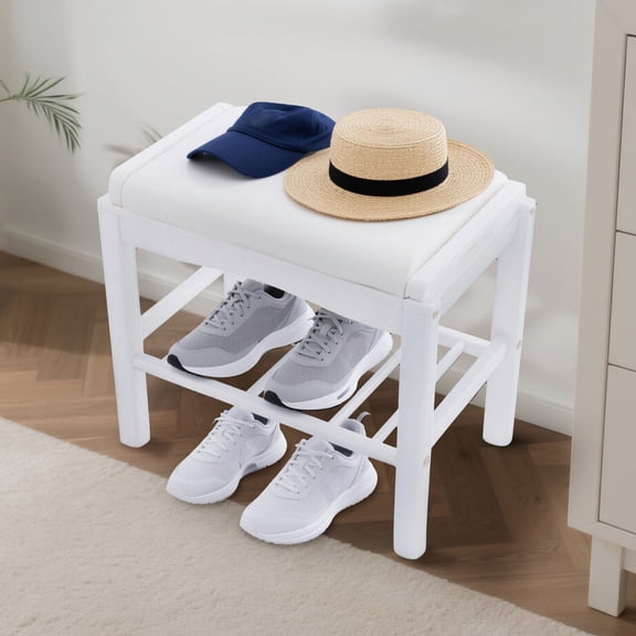 ToppiJoy Wooden Shoe Bench with Cushion Hold up to 220 lbs, Pine Wood Shoe Storage Bench for Entryway Hallway Bathroom Living Room (White)